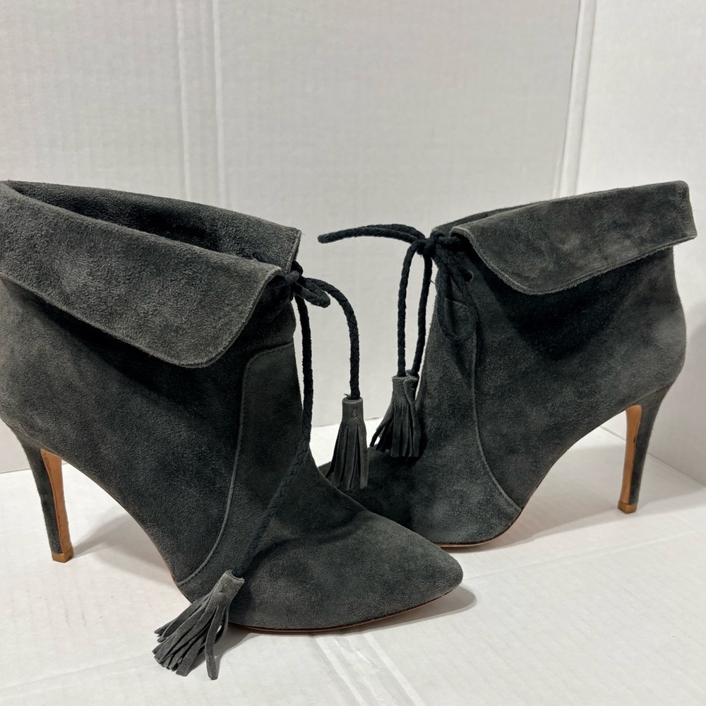 Joie Ciera Leather Suede Ankle High Heel Bootie in Graphite w Tasseled Laces